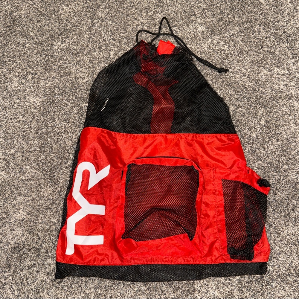 TYR Big Mesh Mummy Backpack See Through Bag Black Swimming Lifeguard Diving Red
